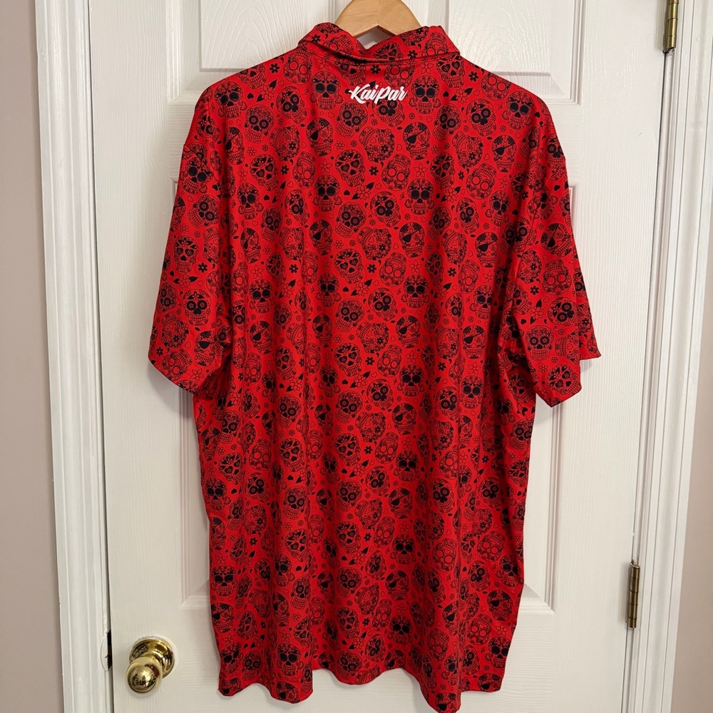 KaiPar Polo Shirt Mens 3XL Red Skull Print Stretch Golf Performance Halloween - Picture 5 of 9